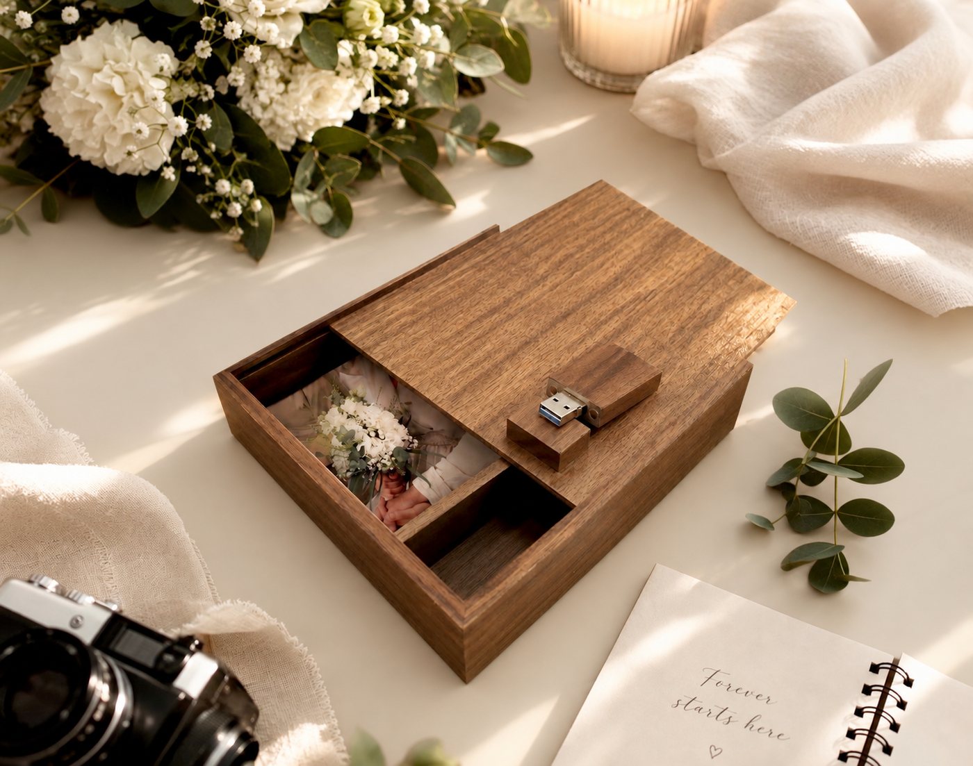 Erinnerungsbox aus Walnussholz mit Abzügen und USB-Stick